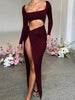 Autumn Sexy Maxi Dress Women High Split Hollow Out Long Dress Slim Long Sleeve Ruched Dress Elegant Party Evening Outfit