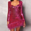 Autumn Sexy Sequined Mini Dress Women Elegant Feather Bodycon Dress Slim Pleated Dress Female Solid Short Party Dresses