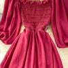 Autumn Sexy Square Collar Draped Chiffon Midi Dress Women Puff Sleeve High Waist A-Line Green/Red/White/Purple Robe Female 2022
