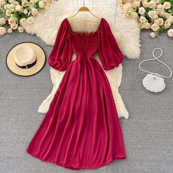 Autumn Sexy Square Collar Draped Chiffon Midi Dress Women Puff Sleeve High Waist A-Line Green/Red/White/Purple Robe Female 2022
