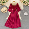Autumn Sexy Square Collar Draped Chiffon Midi Dress Women Puff Sleeve High Waist A-Line Green/Red/White/Purple Robe Female 2022