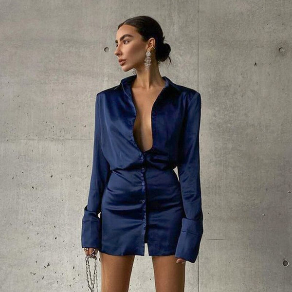 Autumn Shirt Dress Women Sexy V Neck Mini Dress Office Lady Long Sleeve Short Dress Elegant Button Up Dresses Vestidos