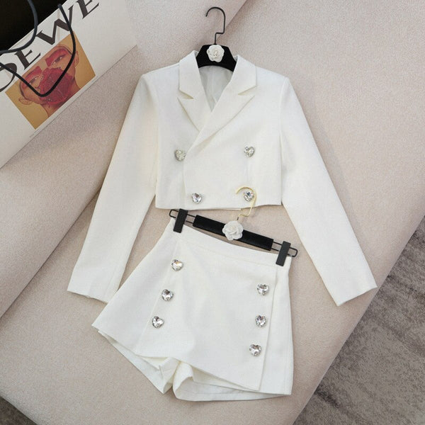 Autumn Small Fragrance Two Piece Set Women Crop Top Short Blazer Coat + High Waist Shorts Sets High Street 2 Piece Pant Suits