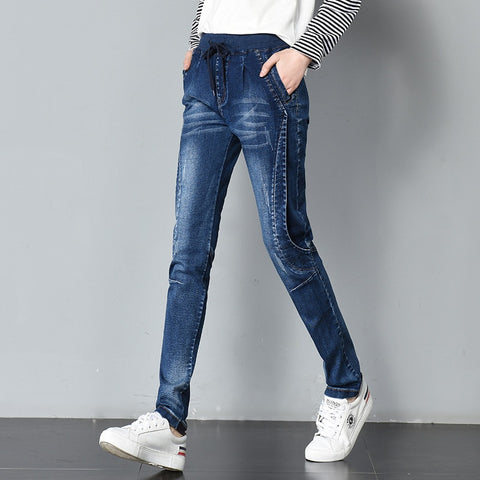 Autumn Soft Patchwork Stretch Woman Jeans Skinny Pencil Pants Mujer Elastic Waist Lace Up Slim Denim Ladies Plus Size Trousers