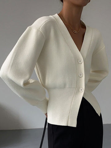 Autumn Solid Cardigans For Women Single-Breasted Knitted Sweater Casual Elegant V-Neck Knitwear Vintage Lantern sleeve Cardigan