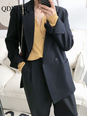 Autumn Solid Color Elegant  Blazer Women Jacket Women's Korean Style Loose V-neck Long Sleeve Black Jackets for Spring  Coats