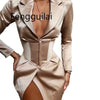 Autumn Solid Color V-neck Blazer Tops Waist Buckle Long Sleeve Irregular Slim Jacket Office Women Unique Design Coat