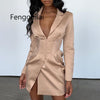 Autumn Solid Color V-neck Blazer Tops Waist Buckle Long Sleeve Irregular Slim Jacket Office Women Unique Design Coat