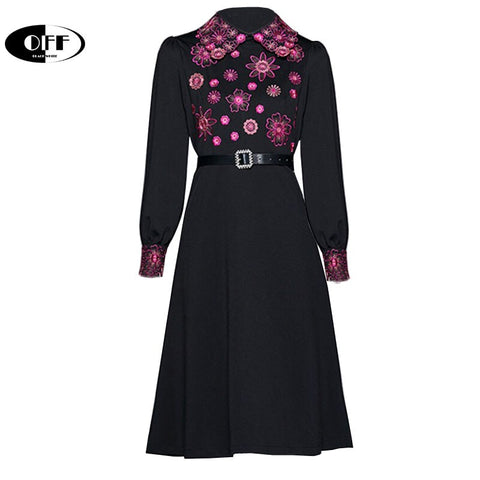 Autumn Spring Black Floral Embroidery Midi Dress Vintage Flower Long Sleeve Plus Size Traf Dresses For Women Vestidos Robe Femme