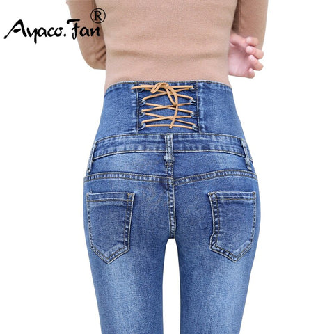 Autumn Spring Jeans Womens High Waist Elastic Skinny Denim Long Pencil Pants Back Cross Woman Jeans Camisa Feminina Trousers