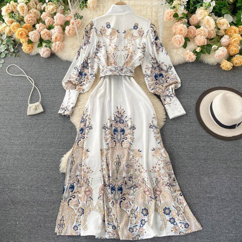 Autumn Spring Vintage Long Sleeve Dresses Print Floral Elegant Waist  Dress Maxi Dresses High Boho A-Line Women Party