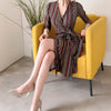 Autumn Spring Formal Office Lady Work Dress Elegant Striped Tie Front v-neck Slim Long Midi wrapped Dress