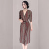Autumn Spring Formal Office Lady Work Dress Elegant Striped Tie Front v-neck Slim Long Midi wrapped Dress