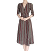 Autumn Spring Formal Office Lady Work Dress Elegant Striped Tie Front v-neck Slim Long Midi wrapped Dress