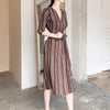 Autumn Spring Formal Office Lady Work Dress Elegant Striped Tie Front v-neck Slim Long Midi wrapped Dress