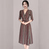 Autumn Spring Formal Office Lady Work Dress Elegant Striped Tie Front v-neck Slim Long Midi wrapped Dress