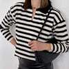 Autumn Stripe Pullover Women Casual Polo Collar Knitted Sweater Loose Long Sleeve Contrast Jumper Lady Vintage Knitwear