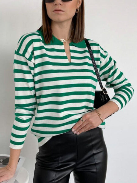 Autumn Stripe Pullover Women Casual Polo Collar Knitted Sweater Loose Long Sleeve Contrast Jumper Lady Vintage Knitwear