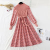 Autumn Sweater Dresses for Women Winter Splicing Pullover Bow Belt Slim Knitting Sweet Corduroy Floral Print Midi Dress Vestidos