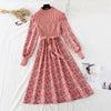 Autumn Sweater Dresses for Women Winter Splicing Pullover Bow Belt Slim Knitting Sweet Corduroy Floral Print Midi Dress Vestidos