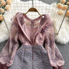 Autumn Sweet Pink Lace Mesh Embroidery Ruffles Patchwork Tweed Mini A Line Dress Women See Through Long Sleeve Party Vestidos