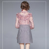 Autumn Sweet Pink Lace Mesh Embroidery Ruffles Patchwork Tweed Mini A Line Dress Women See Through Long Sleeve Party Vestidos