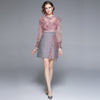 Autumn Sweet Pink Lace Mesh Embroidery Ruffles Patchwork Tweed Mini A Line Dress Women See Through Long Sleeve Party Vestidos