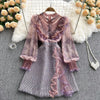 Autumn Sweet Pink Lace Mesh Embroidery Ruffles Patchwork Tweed Mini A Line Dress Women See Through Long Sleeve Party Vestidos