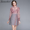 Autumn Sweet Pink Lace Mesh Embroidery Ruffles Patchwork Tweed Mini A Line Dress Women See Through Long Sleeve Party Vestidos