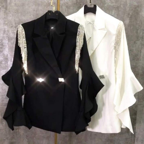 Autumn Sweet Women BLAZER flare Sleeve diamond tassel Loose Female Ladies Office Coat Fringe Rhinestone Suits