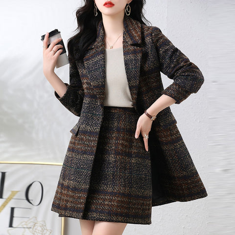 Autumn Thick Wool Plaid Matching Set Blazer And A-Line Mini Skirts Women Korean Long Blazer Office Lady Casual Two Piece Sets
