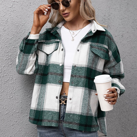 Autumn Thicken Jacket Women Plaid Coat Casual Single Breasted Jacket Loose Long Sleeved Outerwear Pockets Streetwear