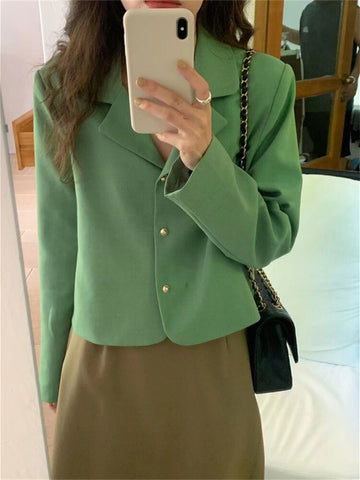 Autumn Vintage Blazer Women Korean Style Long Sleeve Notched Collar Single Breasted Green Suit Jacket Elegant Ladies Casual Coat