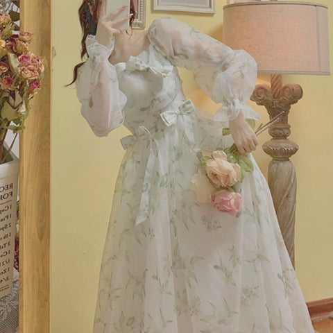 Autumn Vintage Floral Dress Women French Style Bow Elegant Party Midi Dress Female Korean Chiffon Sweet Fairy Dress 2022