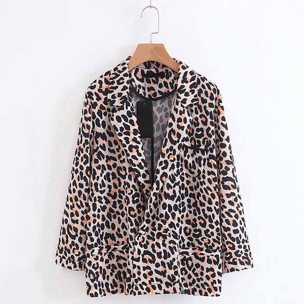 Autumn Vintage Leopard Print Blazer Casual Woman Turn-down Collar Slim Fit Suit Jacket Coat Single Button Fashion Outerwear Tops
