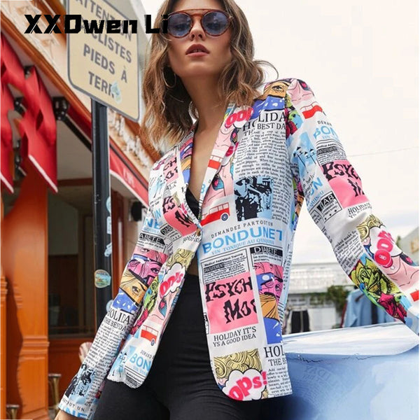 Autumn Vintage Newspaper Print Suit Women 2023 Casual Blazers Coat Spring Top Jacket Elegant Lady Stylish Streetwear