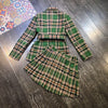 Autumn Winter 2022 Designer Brand Office 2 Piece Outfits Belted Plaid Blazer Suits Pleated Mini Skirt Clothing Sets For Female