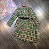Autumn Winter 2022 Designer Brand Office 2 Piece Outfits Belted Plaid Blazer Suits Pleated Mini Skirt Clothing Sets For Female