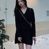 Autumn Winter 2022 Korean Casual Knitted Dress Women Single Breasted Long Sleeve Slim Waist Sweater Dress Vestidos