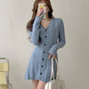 Autumn Winter 2022 Korean Casual Knitted Dress Women Single Breasted Long Sleeve Slim Waist Sweater Dress Vestidos