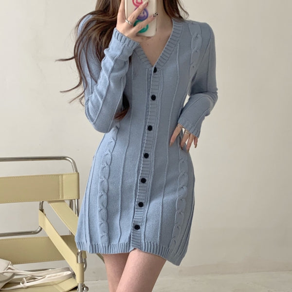 Autumn Winter 2022 Korean Casual Knitted Dress Women Single Breasted Long Sleeve Slim Waist Sweater Dress Vestidos