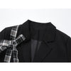 Autumn Winter 2023 Women Korean Style Stitched Design Black Plaid Suit Coat Long Sleeve Loose Silhouette Bandage Jacket Blazer