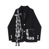 Autumn Winter 2023 Women Korean Style Stitched Design Black Plaid Suit Coat Long Sleeve Loose Silhouette Bandage Jacket Blazer