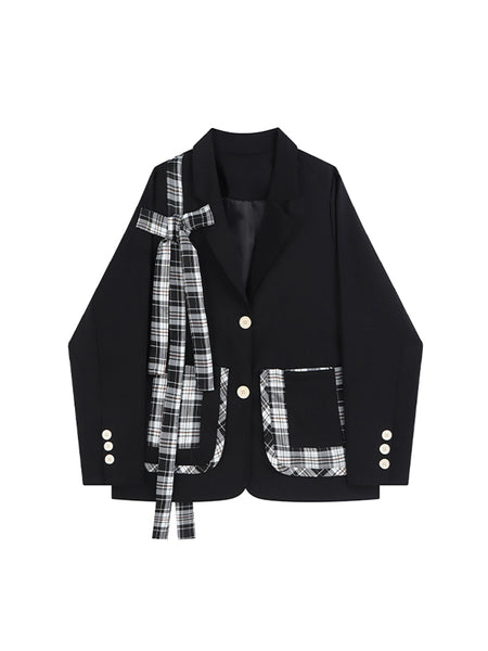 Autumn Winter 2023 Women Korean Style Stitched Design Black Plaid Suit Coat Long Sleeve Loose Silhouette Bandage Jacket Blazer