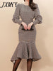 Autumn/Winter 2023 product two-piece temperament slim-fit houndstooth jacket waist bag hip fishtail skirt suit women