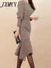 Autumn/Winter 2023 product two-piece temperament slim-fit houndstooth jacket waist bag hip fishtail skirt suit women