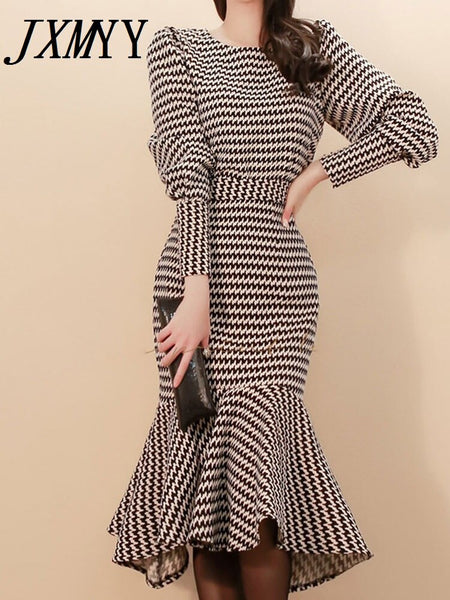 Autumn/Winter 2023 product two-piece temperament slim-fit houndstooth jacket waist bag hip fishtail skirt suit women