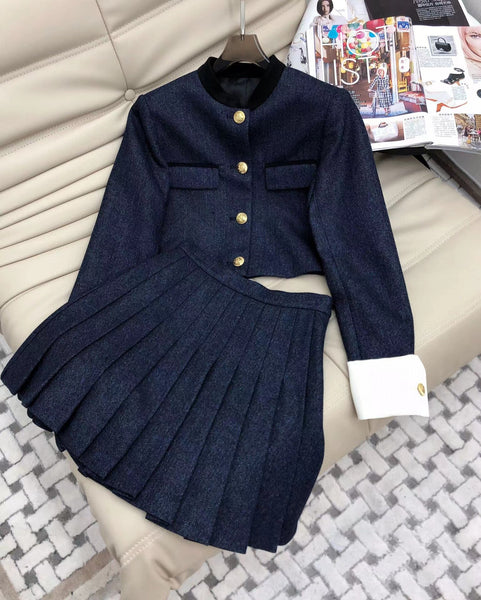 Autumn Winter 70% Wool Minimal Elegant Single Breasted Mini Skirt Suit