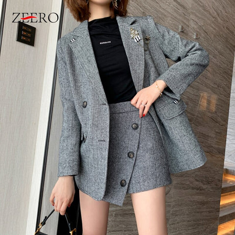 Autumn Winter All-match Woman Outwear Culottes Two Piece Set Gray Double Breasted Long Sleeve Blazer Jacket +asymmetry Shorts