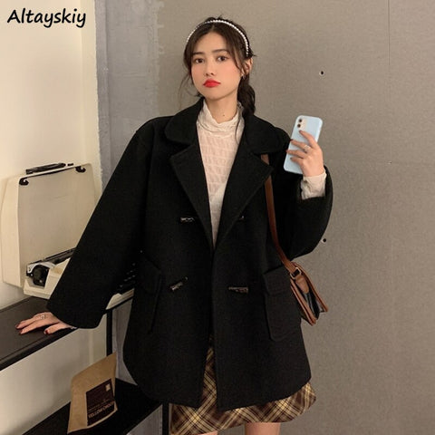 Autumn Winter Black Blazer Women Horn Button Notched Woolen Outerwear Elegant Long Sleeve OL Double Breasted Suit Femme Fashion